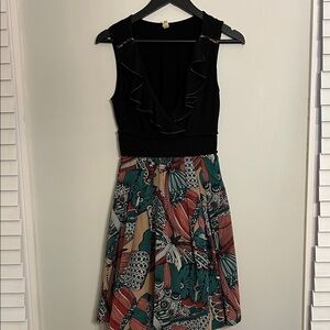 Anthropology Black Sleeveless Midi Dress with Multicolor Printed Skirt
